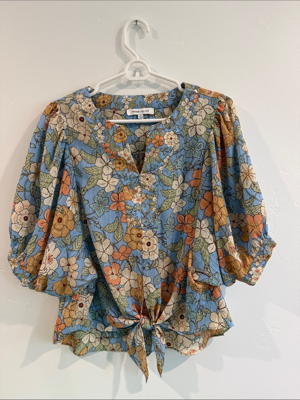 Rose & Olive Blue Floral Tie-Front Puff Sleeve Top